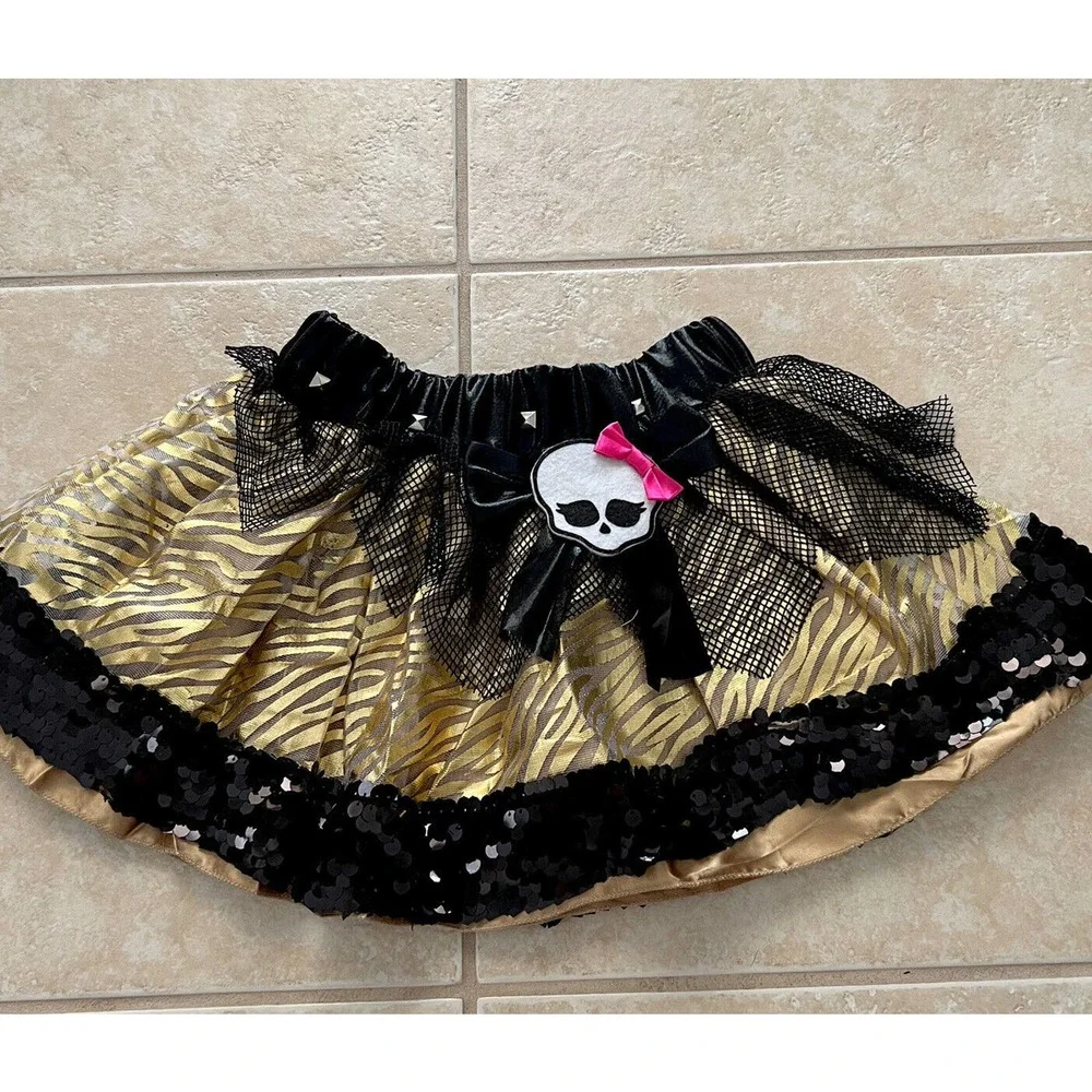 Girl’s Monster High Metallic Gold & Black Skirt Tutu Elastic Waist Sequins Mesh